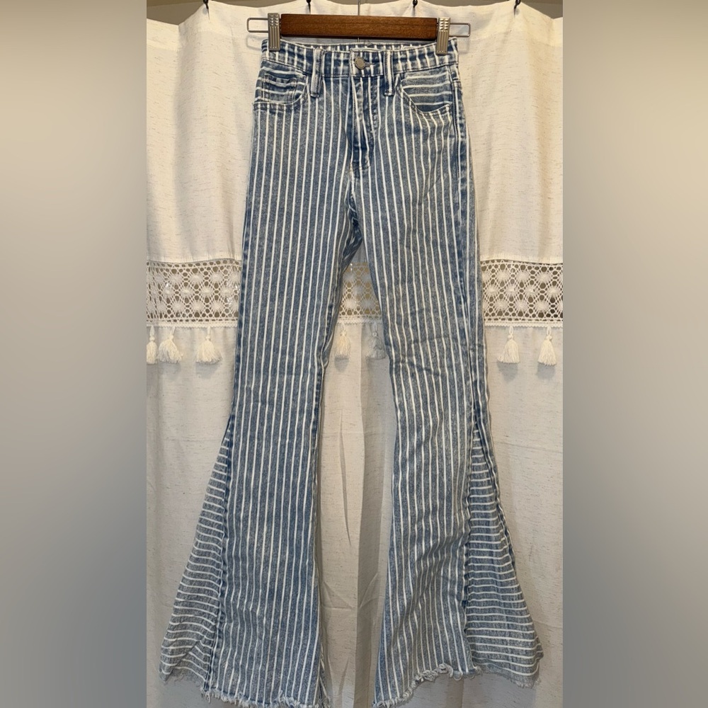 KanCan Blue and White Striped Flare Women’s Jeans